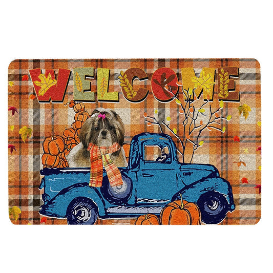 Shih Tzu Welcome Doormat, Shih Tzu Pumpkin Truck Autumn Happy Fall Y'all Thanksgiving Welcome Doormat, Pets Home Decor Door Mat