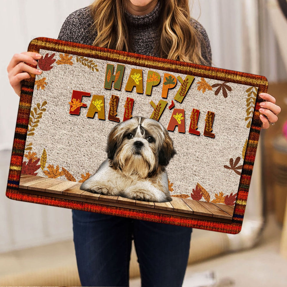 Shih Tzu Welcome Doormat, Shih Tzu Shitzu Dog Happy Fall Y'all Pumpkin Spice Maple Leaf Welcome Doormat, Pets Home Decor Door Mat