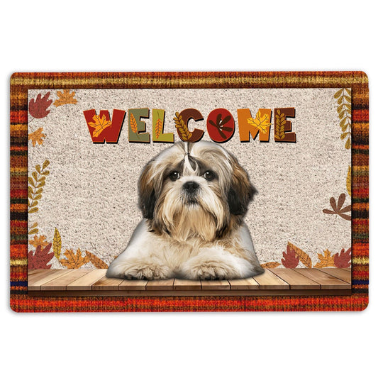 Shih Tzu Welcome Doormat, Shih Tzu Shitzu Dog Welcome Fall Autumn Pumpkin Spice Maple Leaf Welcome Doormat, Pets Home Decor Door Mat