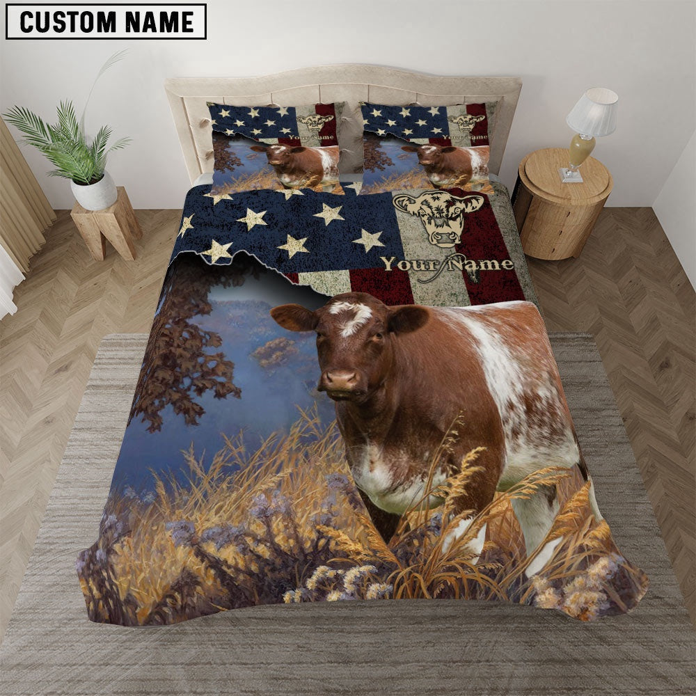 Shorthorn America Customized Name Bedding Set, Farm Bedding Set, Farmhouse Bedding Set