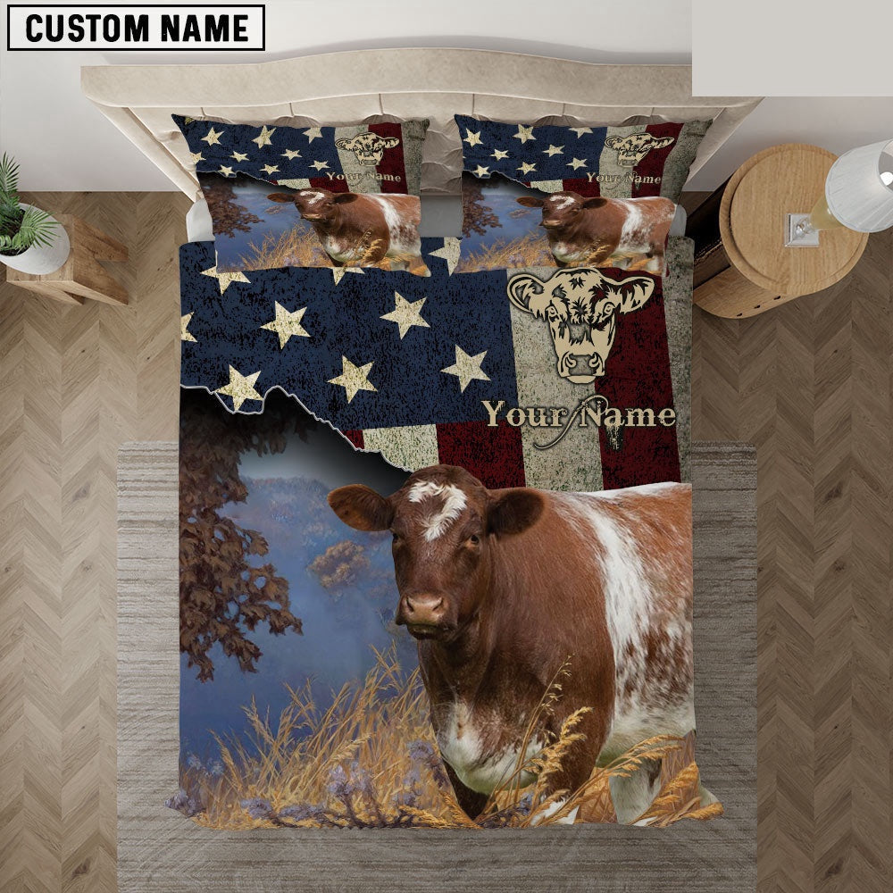 Shorthorn America Customized Name Bedding Set, Farm Bedding Set, Farmhouse Bedding Set