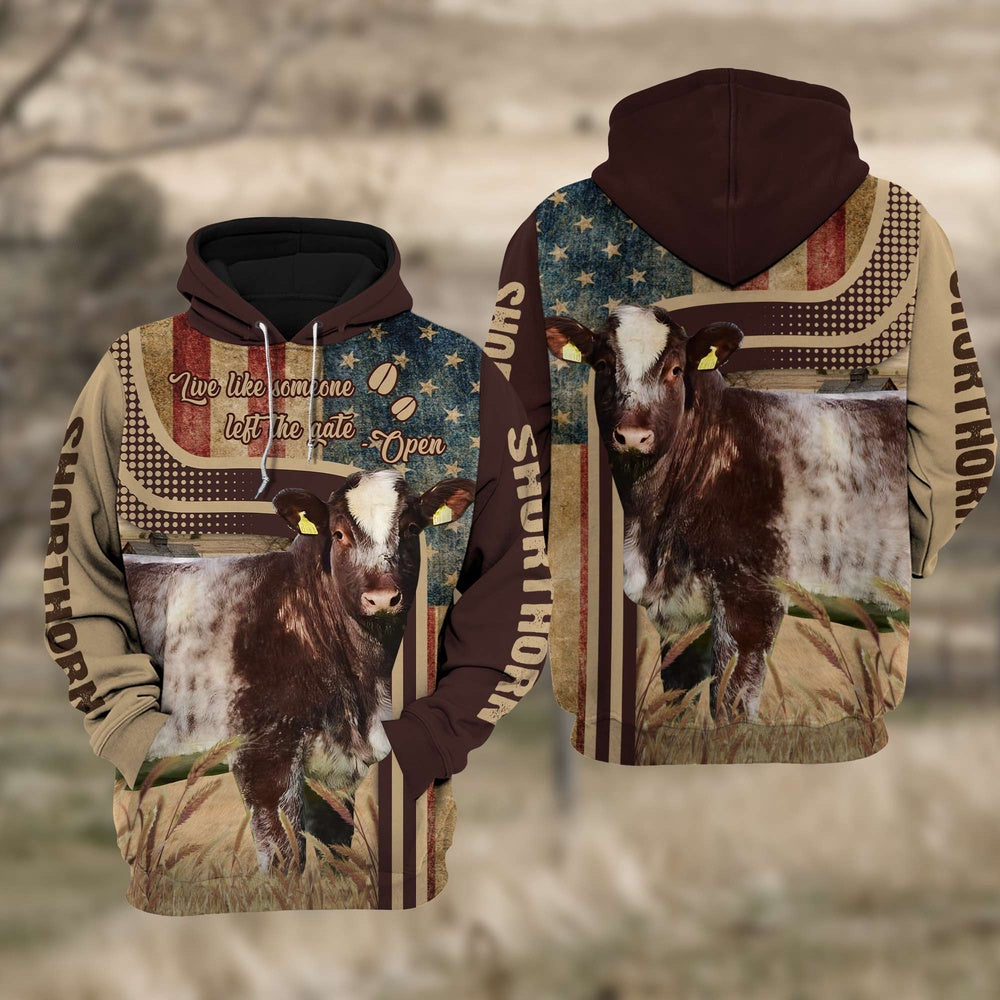 Shorthorn Cattle 3D American Flag Quotation Hoodie, Farmer Hoodie, Farm Themed Shirts, Farm Tee Shirts