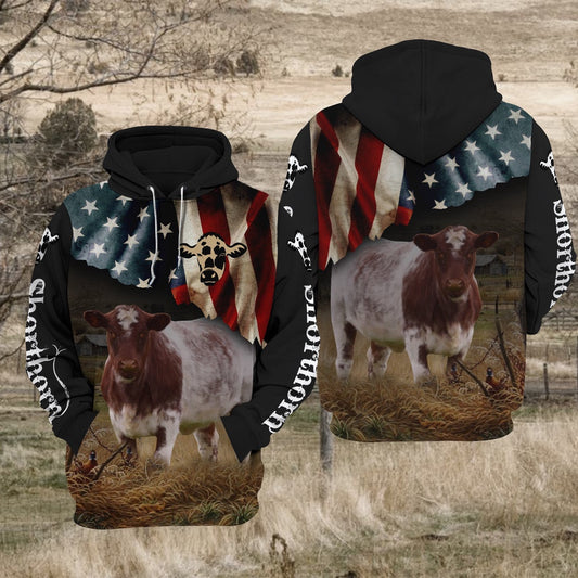 Shorthorn Cattle US Flag All Over Printed Hoodie TT, Farmer Hoodie, Farm Themed Shirts, Farm Tee Shirts