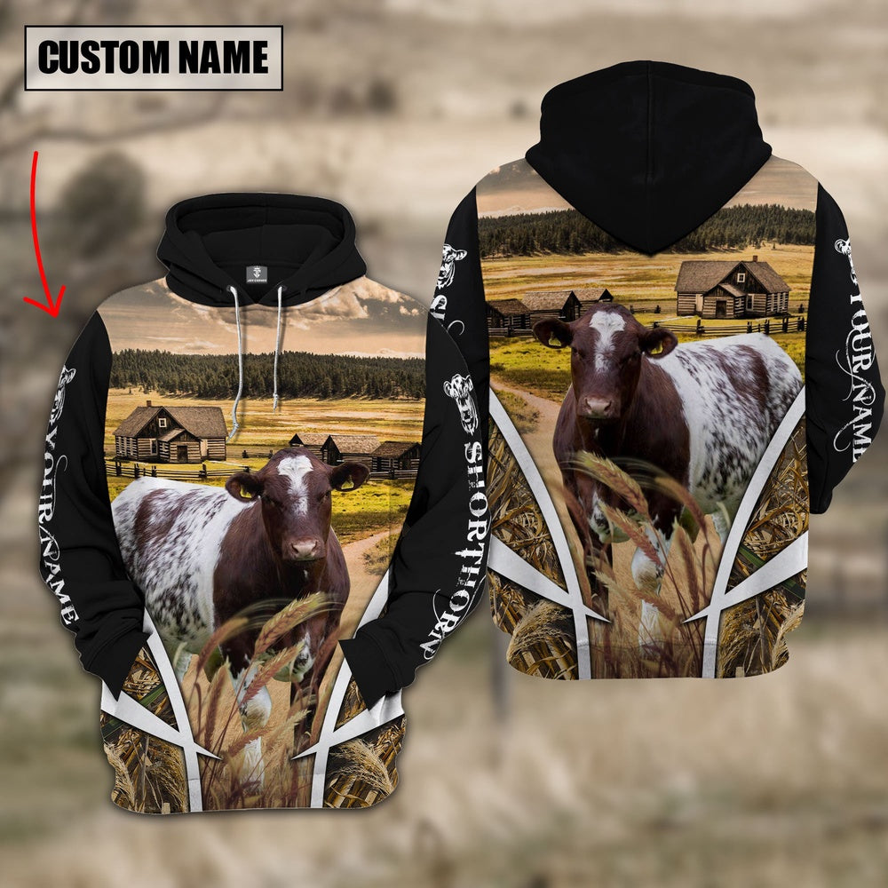 Shorthorn Custom Name Meadow Pattern Black Hoodie, Farmer Hoodie, Custom Farm Shirts, Farmer T Shirt