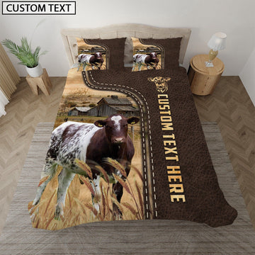 Shorthorn Custom Text Leather Pattern Bedding Set, Farm Bedding Set, Farmhouse Bedding Set
