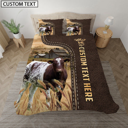 Shorthorn Custom Text Leather Pattern Bedding Set, Farm Bedding Set, Farmhouse Bedding Set