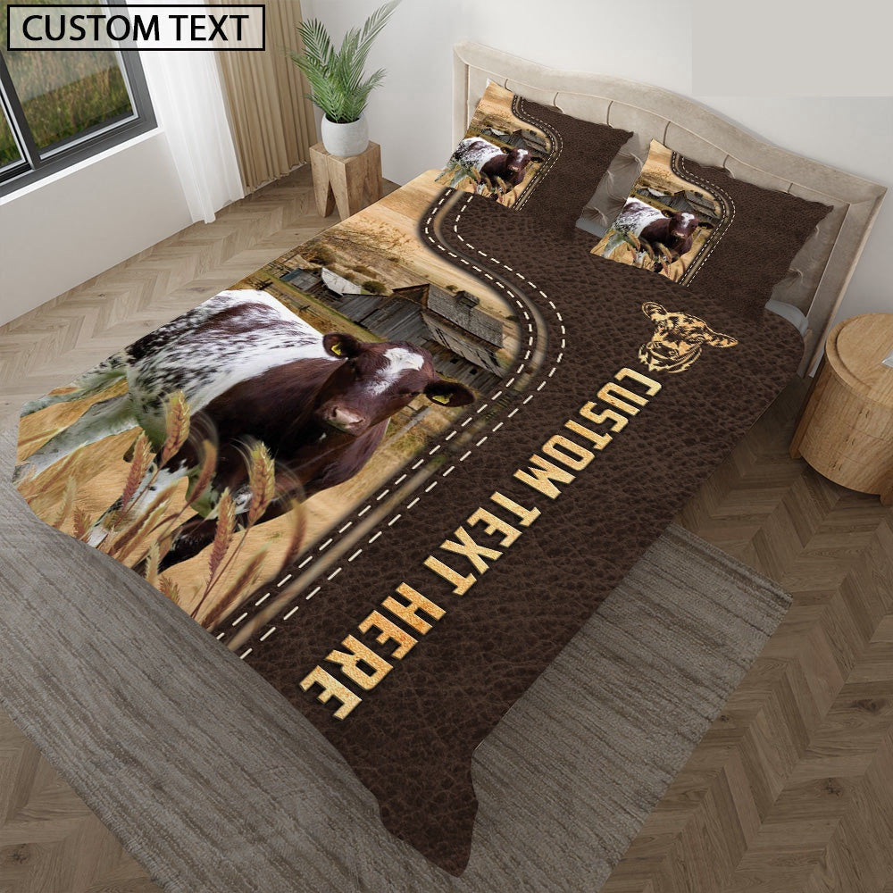 Shorthorn Custom Text Leather Pattern Bedding Set, Farm Bedding Set, Farmhouse Bedding Set