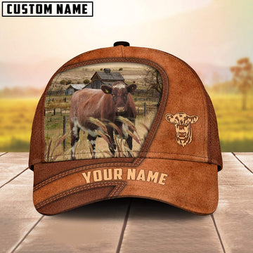 Shorthorn Customized Name Brown Leather Pattern Cap, Farmer Cap, Cap For Farmers, Best Farm Hat, Farm Use Hat