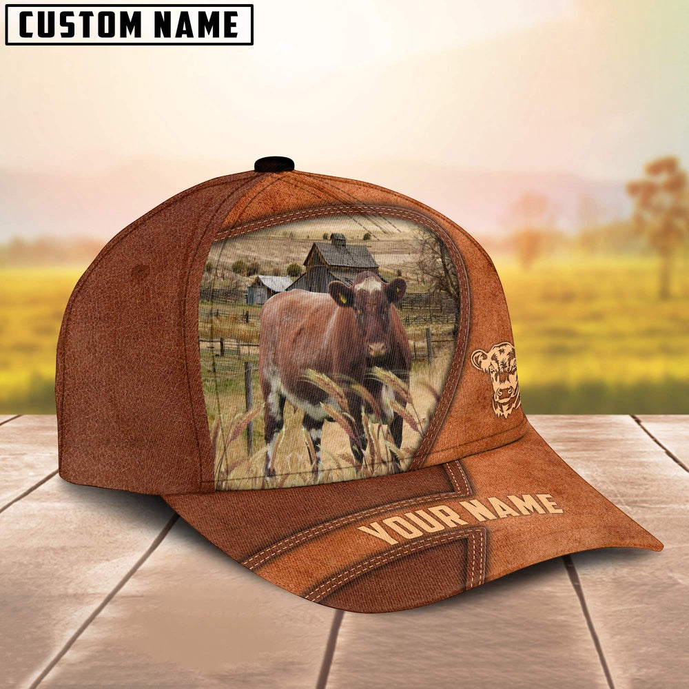 Shorthorn Customized Name Brown Leather Pattern Cap, Farmer Cap, Cap For Farmers, Best Farm Hat, Farm Use Hat