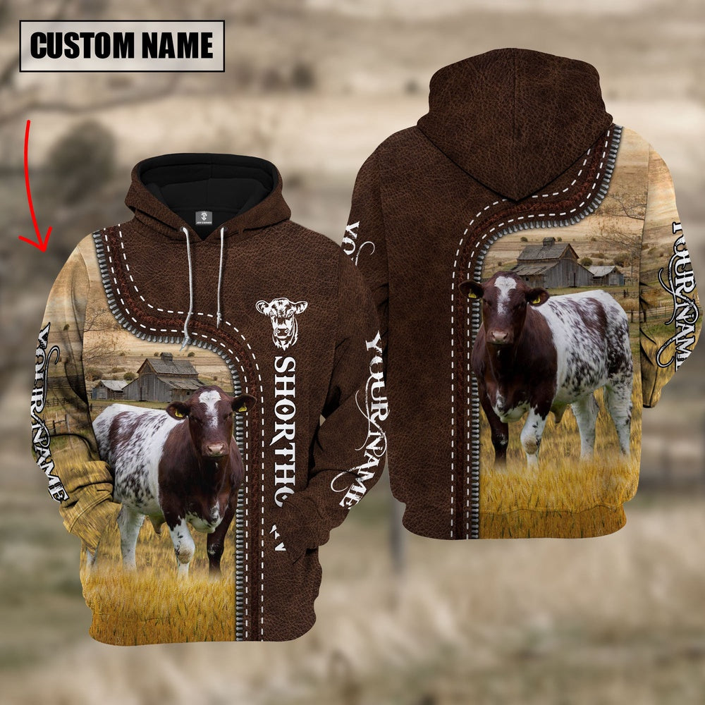 Shorthorn Farming Leather Pattern Personalized 3D Hoodie, Farmer Hoodie, Custom Farm Shirts, Farmer T Shirt