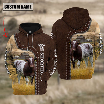 Shorthorn Farming Leather Pattern Personalized 3D Hoodie, Farmer Hoodie, Custom Farm Shirts, Farmer T Shirt