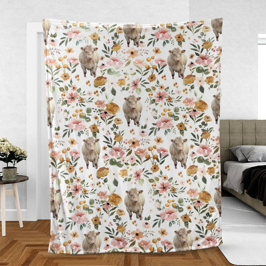 Shorthorn Floral Pattern Blanket, Farm Blanket, Farm Animal Blanket