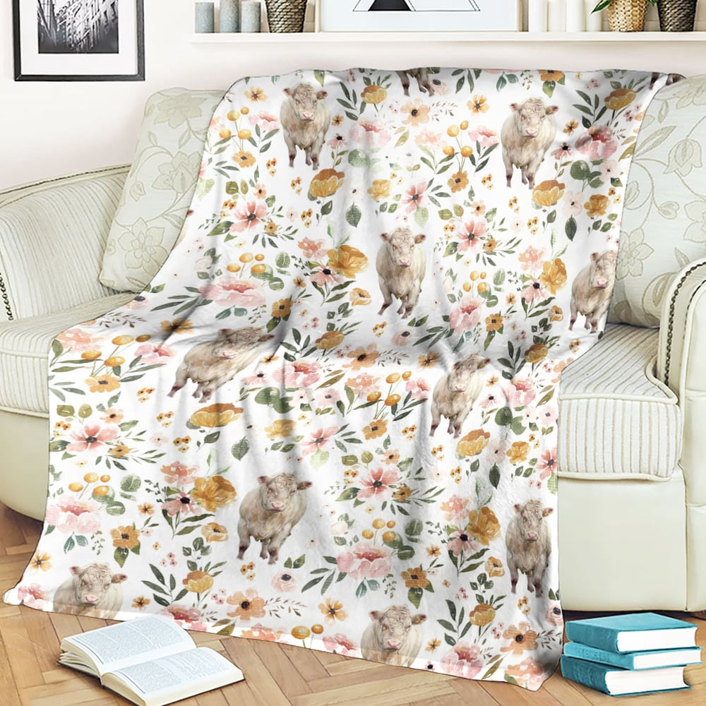 Shorthorn Floral Pattern Blanket, Farm Blanket, Farm Animal Blanket