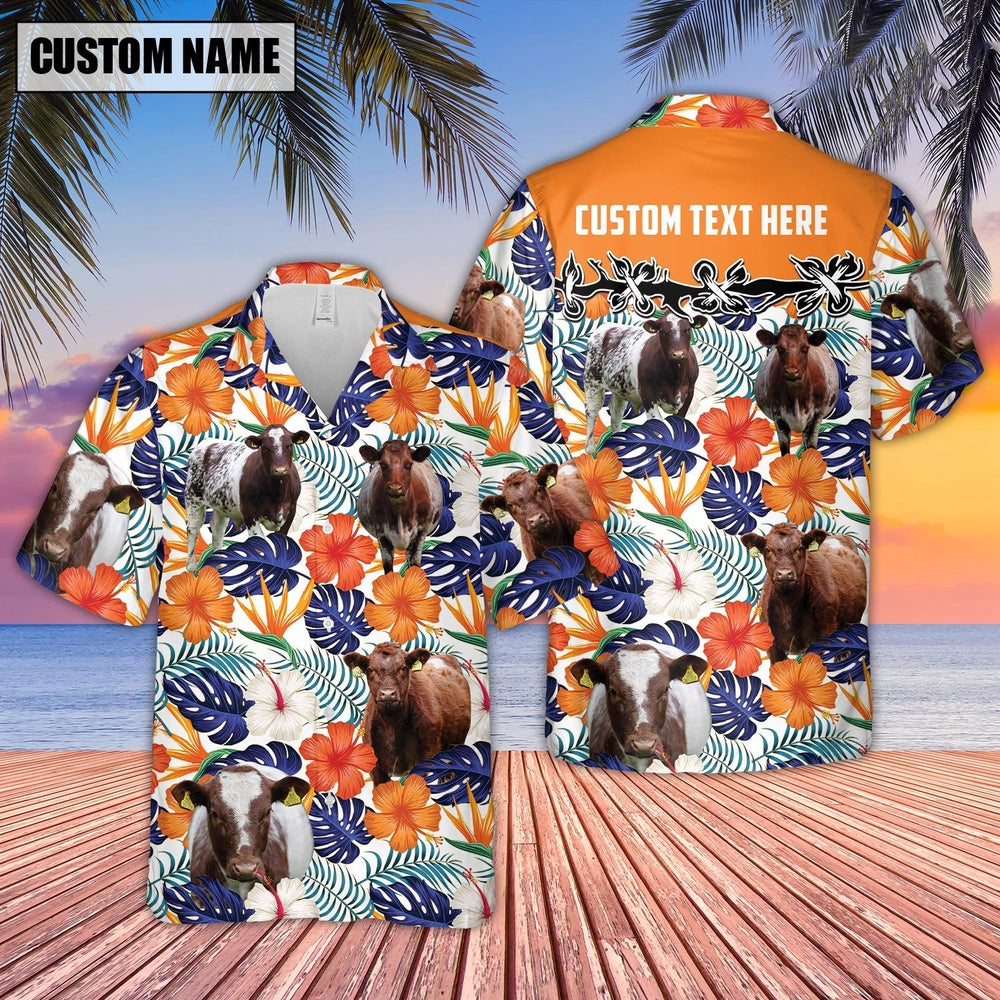 Shorthorn Hibiscus Blue Floral Custom Name Hawaiian Shirt, Farm Hawaiian Shirt, Farmer Hawaii