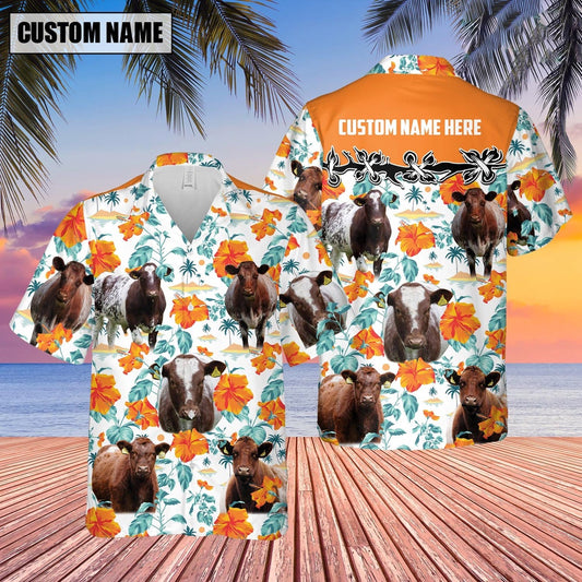 Shorthorn Hibiscus Floral Custom Name Hawaiian Shirt, Farm Hawaiian Shirt, Farmer Hawaii