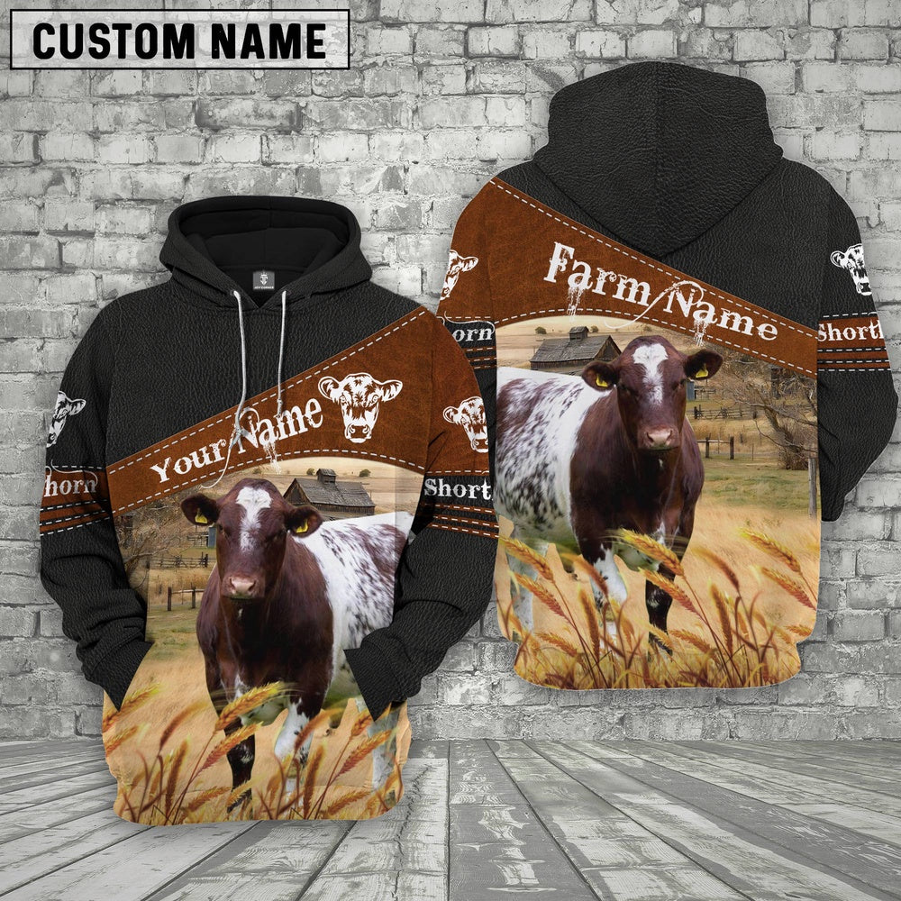 Shorthorn On Farms Custom Name Printed 3D Black Hoodie, Farmer Hoodie, Custom Farm Shirts, Farmer T Shirt