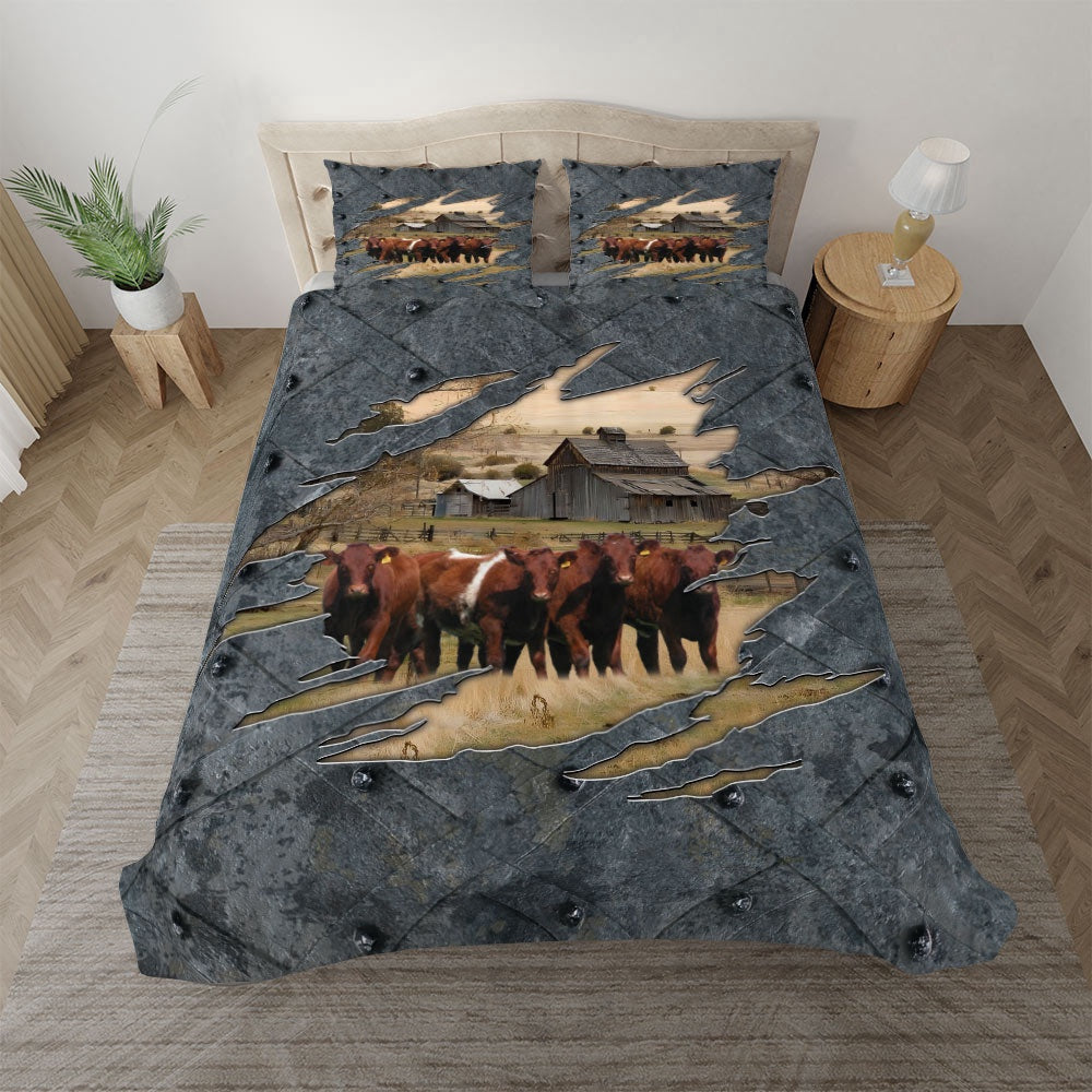 Shorthorn On The Farm Customized Name Bedding Set, Farm Bedding Set, Farmhouse Bedding Set