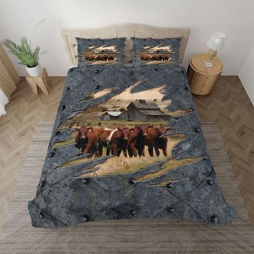 Shorthorn On The Farm Customized Name Bedding Set, Farm Bedding Set, Farmhouse Bedding Set