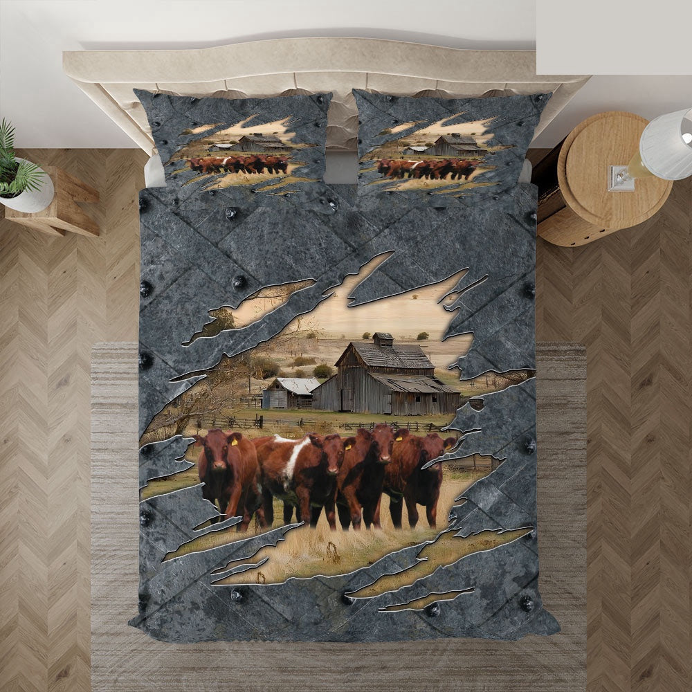 Shorthorn On The Farm Customized Name Bedding Set, Farm Bedding Set, Farmhouse Bedding Set