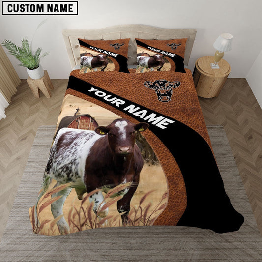Shorthorn On The Farm Customized Name Red Barn Bedding Set, Farm Bedding Set, Farmhouse Bedding Set