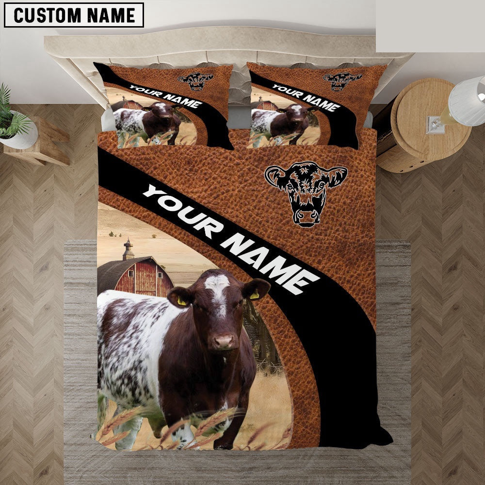 Shorthorn On The Farm Customized Name Red Barn Bedding Set, Farm Bedding Set, Farmhouse Bedding Set