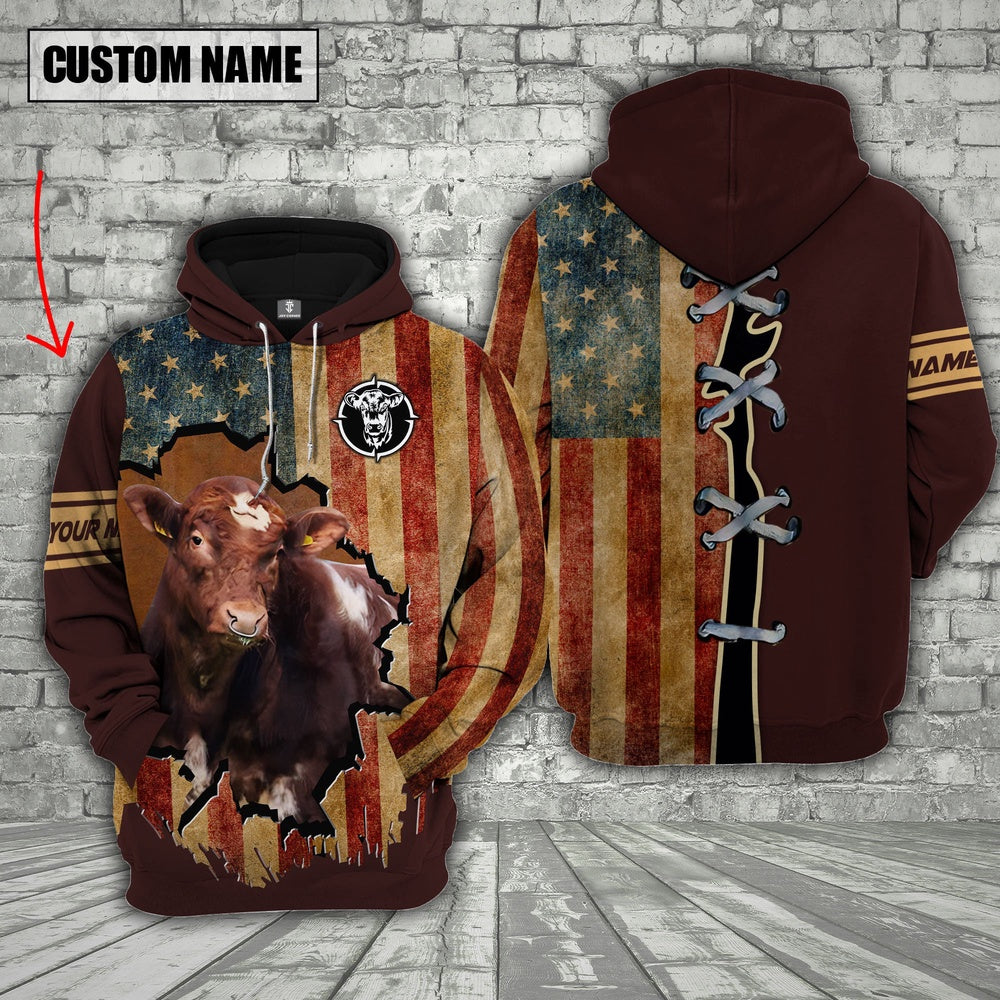 Shorthorn US Flag Retro Personalized 3D Hoodie, Farmer Hoodie, Custom Farm Shirts, Farmer T Shirt