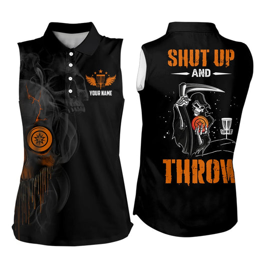 Shut Up And Throw Smoky Skull Orange Sleeveless Disc Golf Polo Shirts Halloween Golf Gifts, Women Golf Shirts