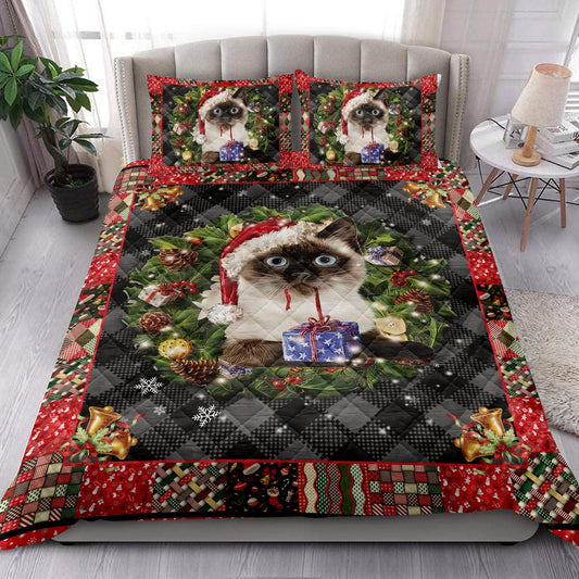 Siamese Cat Wearingmas Hat Wreath Cat Bedding Set, Christmas Beddings, Xmas Bedding Sets