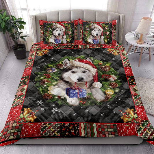 Siberian H Usky Wearingmas Hat Wreath Dog Bedding Set, Christmas Beddings, Xmas Bedding Sets