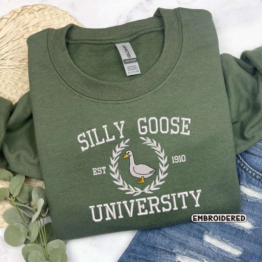 Silly Goose University Embroidered Sweatshirt 2D Crewneck Sweatshirt For Men Women, Christmas Embroidered, Christmas Gifts