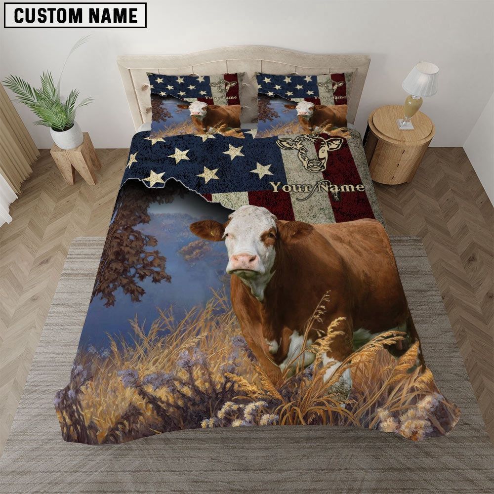 Simmental America Customized Name Bedding Set, Farm Bedding Set, Farmhouse Bedding Set