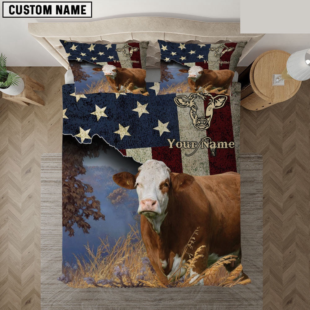 Simmental America Customized Name Bedding Set, Farm Bedding Set, Farmhouse Bedding Set