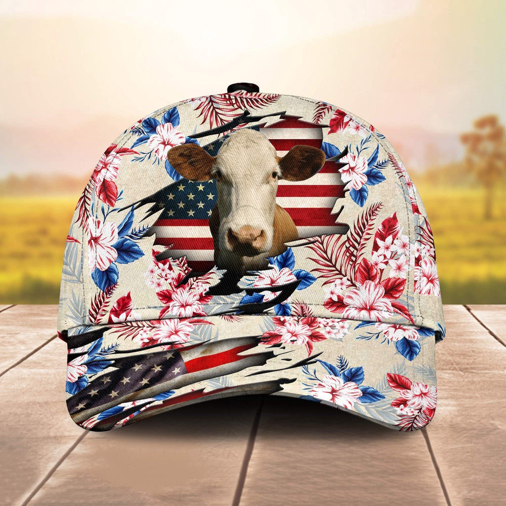 Simmental American Flag Flowers Pattern Cap, Farmer Cap, Vintage Farmer Hat, Mens Farmer Hats, Cap For Farmers
