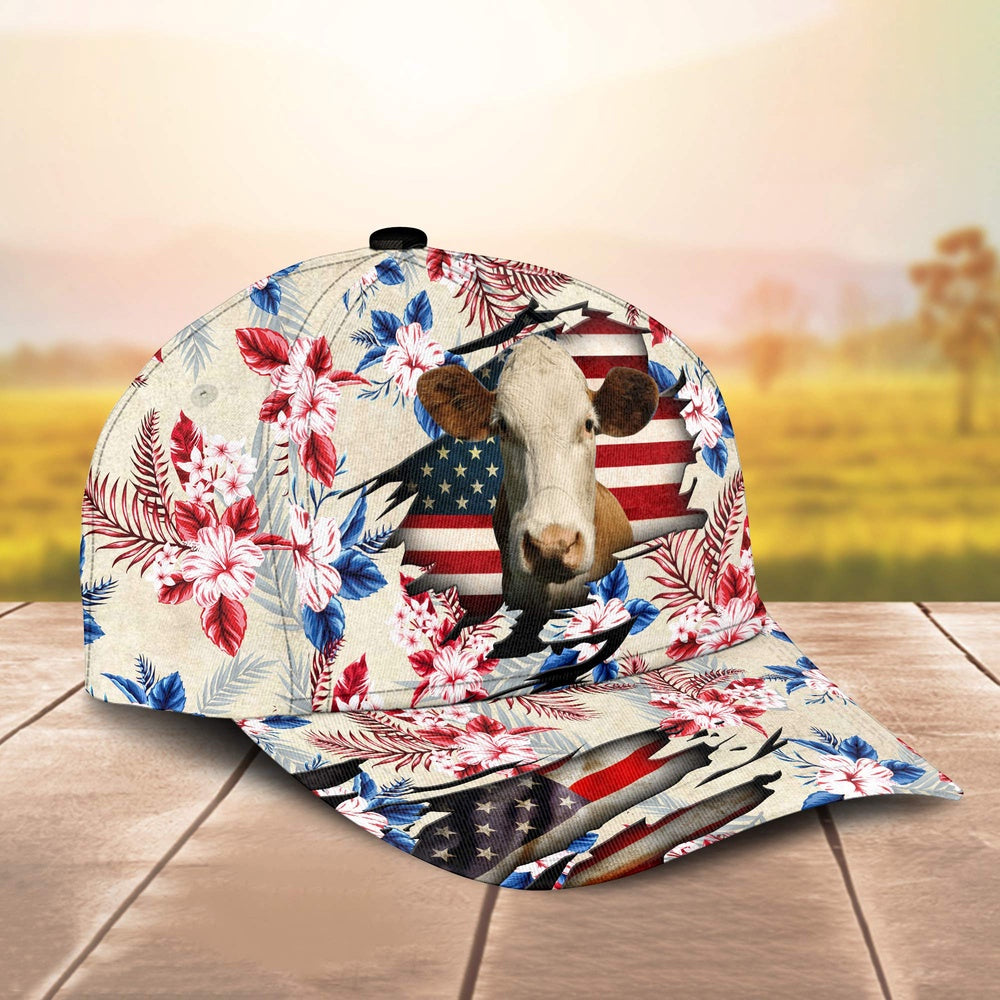 Simmental American Flag Flowers Pattern Cap, Farmer Cap, Vintage Farmer Hat, Mens Farmer Hats, Cap For Farmers