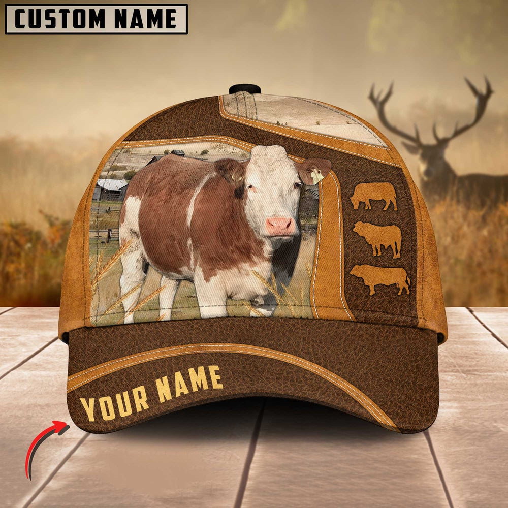 Simmental Cattle Leather Pattern Customized Name Cap, Farmer Cap, Cap For Farmers, Best Farm Hat, Farm Use Hat