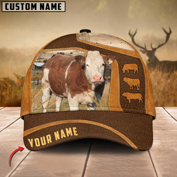 Simmental Cattle Leather Pattern Customized Name Cap, Farmer Cap, Cap For Farmers, Best Farm Hat, Farm Use Hat