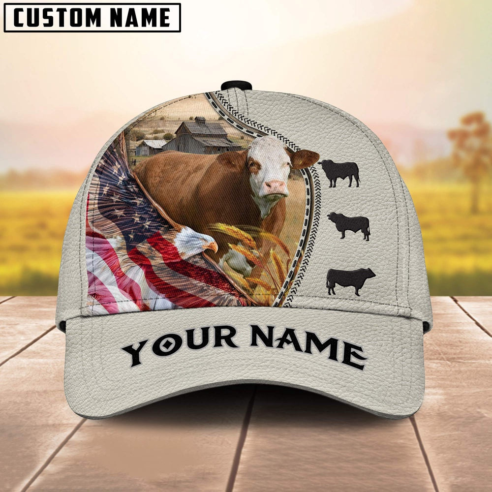 Simmental Eagle US Flag Leather Pattern Customized 3D Cap, Farmer Cap, Cap For Farmers, Best Farm Hat, Farm Use Hat