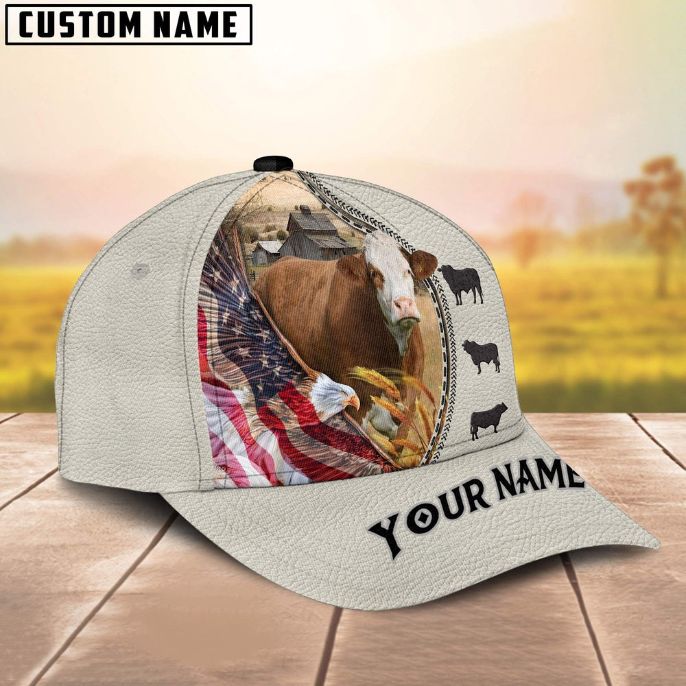 Simmental Eagle US Flag Leather Pattern Customized 3D Cap, Farmer Cap, Cap For Farmers, Best Farm Hat, Farm Use Hat