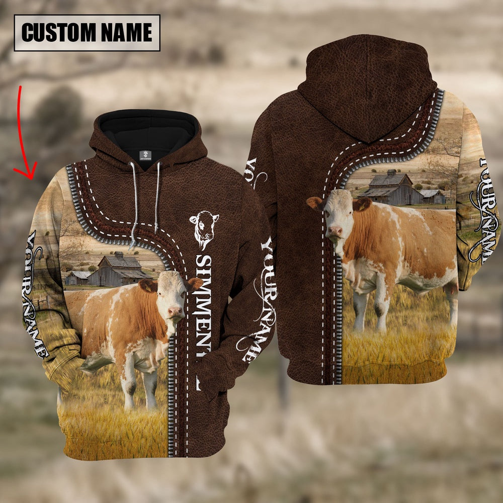 Simmental Farming Leather Pattern Personalized 3D Hoodie, Farmer Hoodie, Custom Farm Shirts, Farmer T Shirt