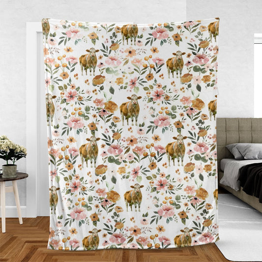 Simmental Floral Pattern Blanket, Farm Blanket, Farm Animal Blanket