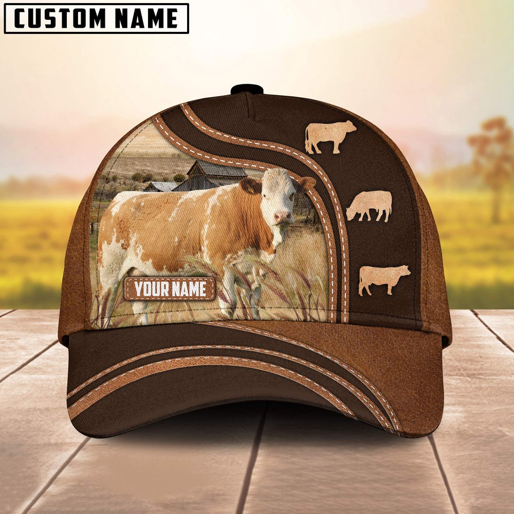 Simmental Leather Brown Pattern Customized Name Cap, Farmer Cap, Cap For Farmers, Best Farm Hat, Farm Use Hat