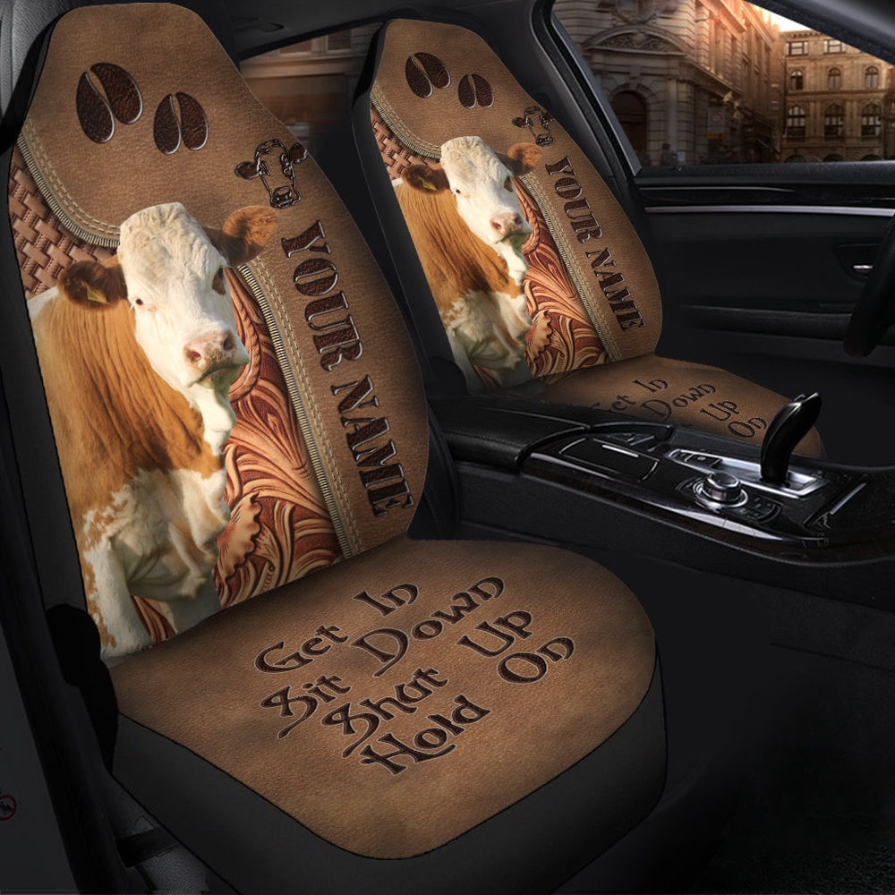 Simmental Leather Carving Customized Name Car Seat Cover, Car Seat Cover, Farm Car Seat Cover, Pet Seat Covers
