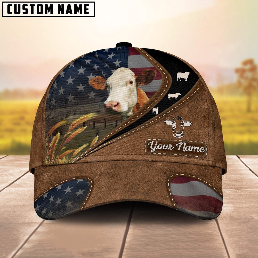 Simmental Leather Pattern American Customized Name Cap, Farmer Cap, Cap For Farmers, Best Farm Hat, Farm Use Hat
