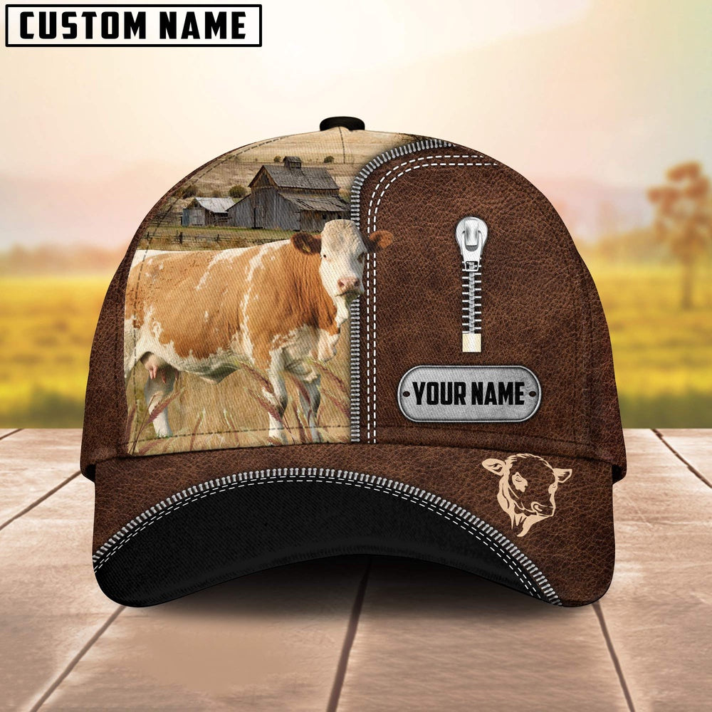 Simmental Leather Zip Pattern Customized Name Cap, Farmer Cap, Cap For Farmers, Best Farm Hat, Farm Use Hat