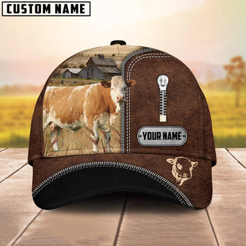 Simmental Leather Zip Pattern Customized Name Cap, Farmer Cap, Cap For Farmers, Best Farm Hat, Farm Use Hat