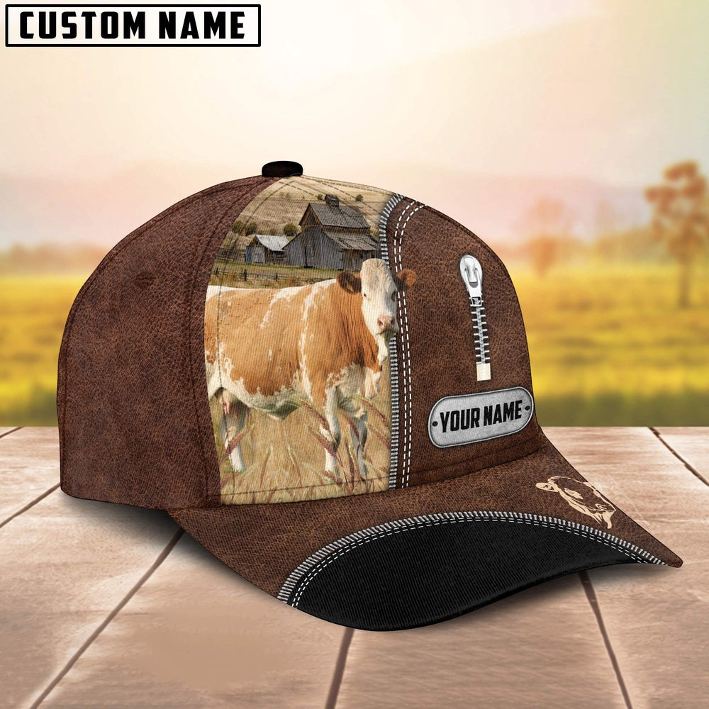 Simmental Leather Zip Pattern Customized Name Cap, Farmer Cap, Cap For Farmers, Best Farm Hat, Farm Use Hat