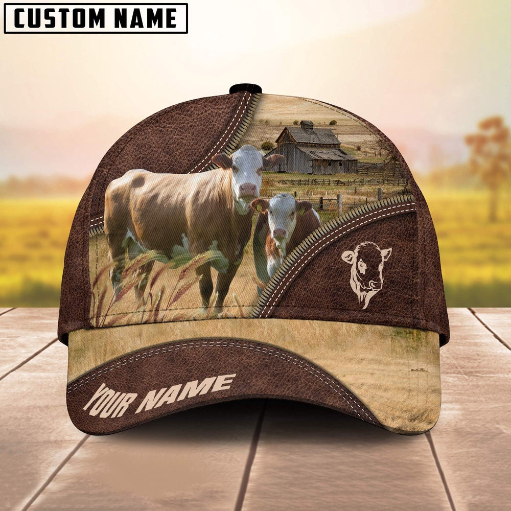 Simmental On The Farm Customized Name 3D Brown Cap, Farmer Cap, Cap For Farmers, Best Farm Hat, Farm Use Hat