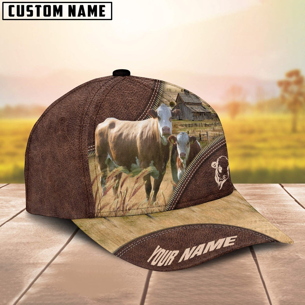 Simmental On The Farm Customized Name 3D Brown Cap, Farmer Cap, Cap For Farmers, Best Farm Hat, Farm Use Hat