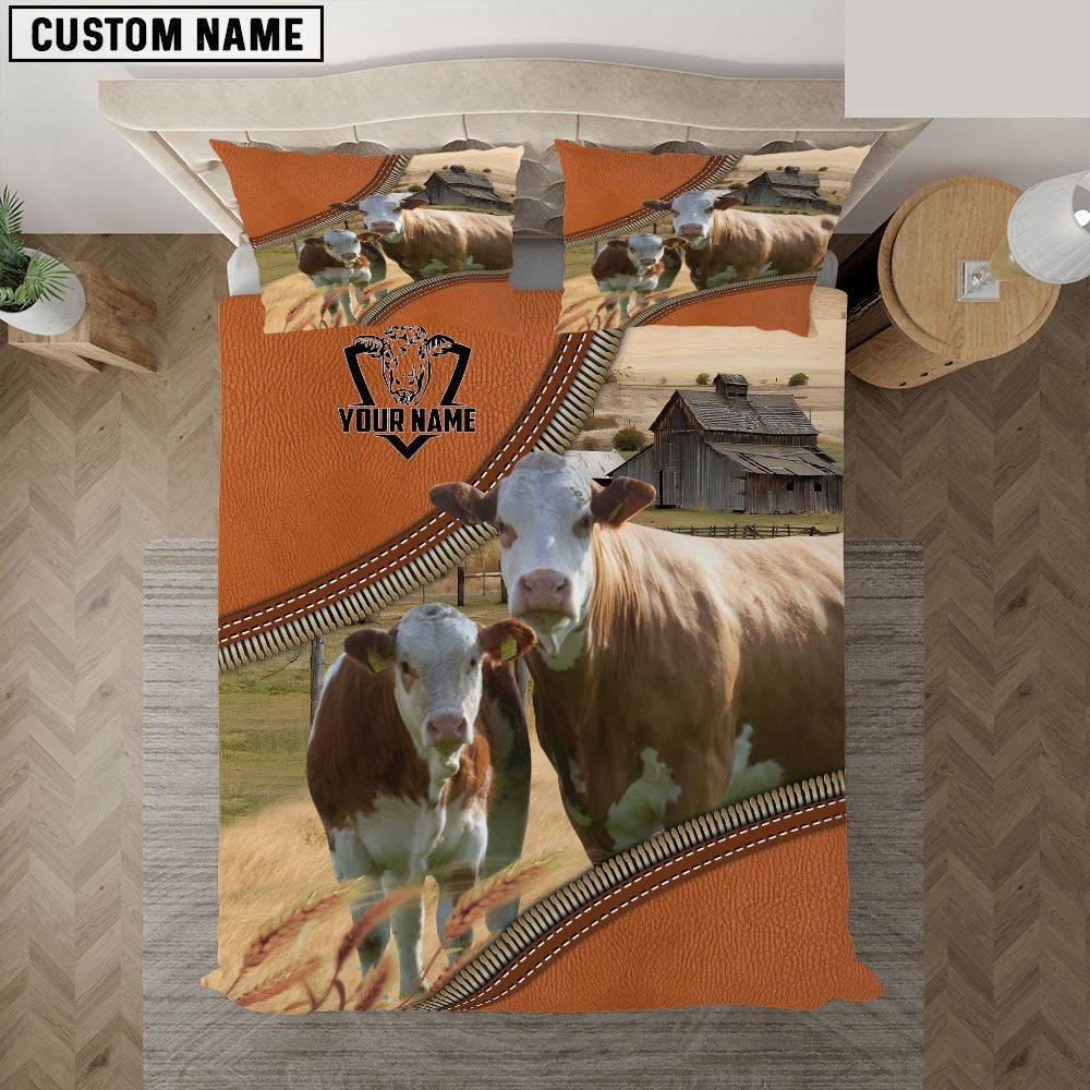Simmental On The Farm Customized Name Bedding Set, Farm Bedding Set, Farmhouse Bedding Set