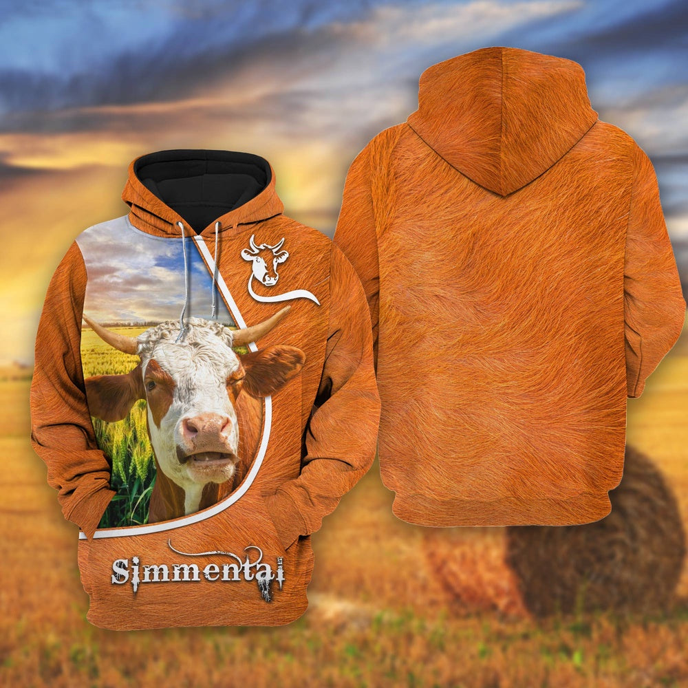 Simmental On The Wheat Field All Over Printed Shirts, Farmer Hoodie, Farm Themed Shirts, Farm Tee Shirts